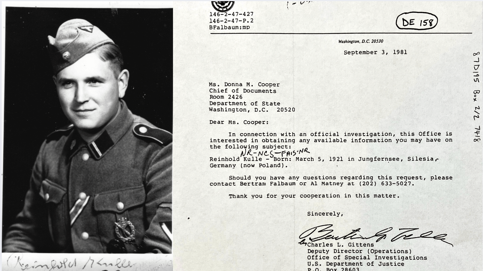 Reinhold Kulle in his SS uniform, at Ellwangen, 1942 and The Office of Special Investigations’ request for Kulle’s files.